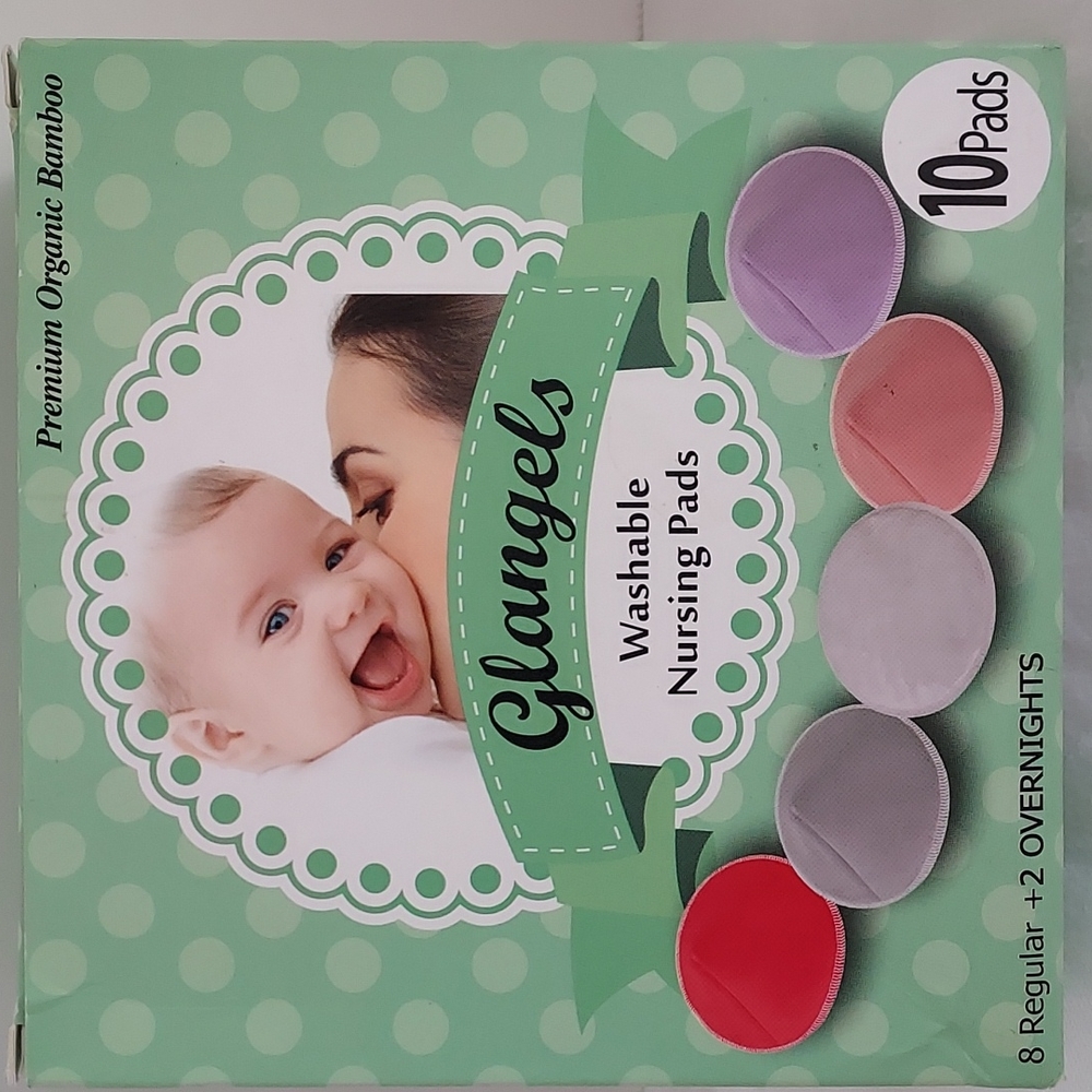NIB- Glangels 10pk Washable Nursing Pads Organic Bamboo 8 regular+2 Overnights
